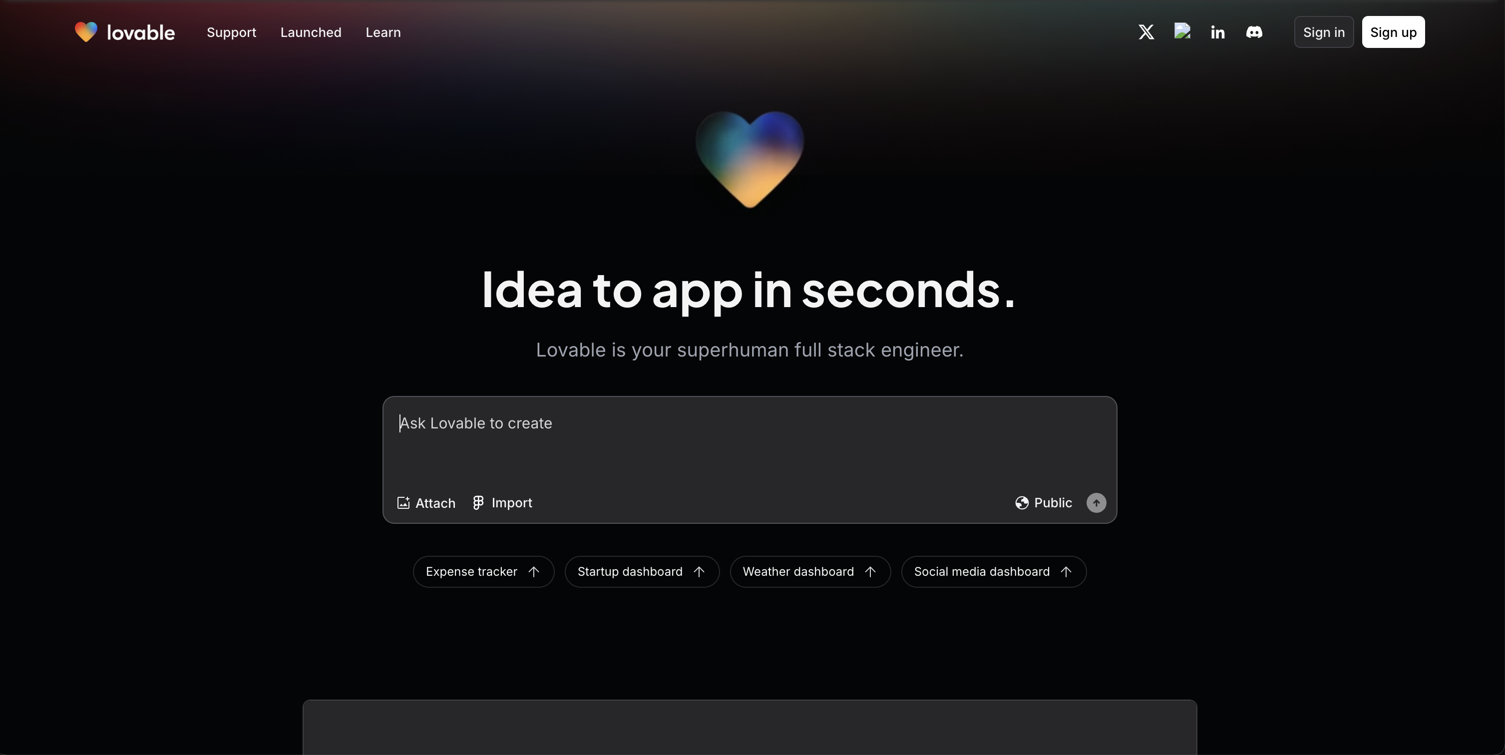 Lovable homepage in 2025: Idea to app in seconds, your superhuman full stack engineer